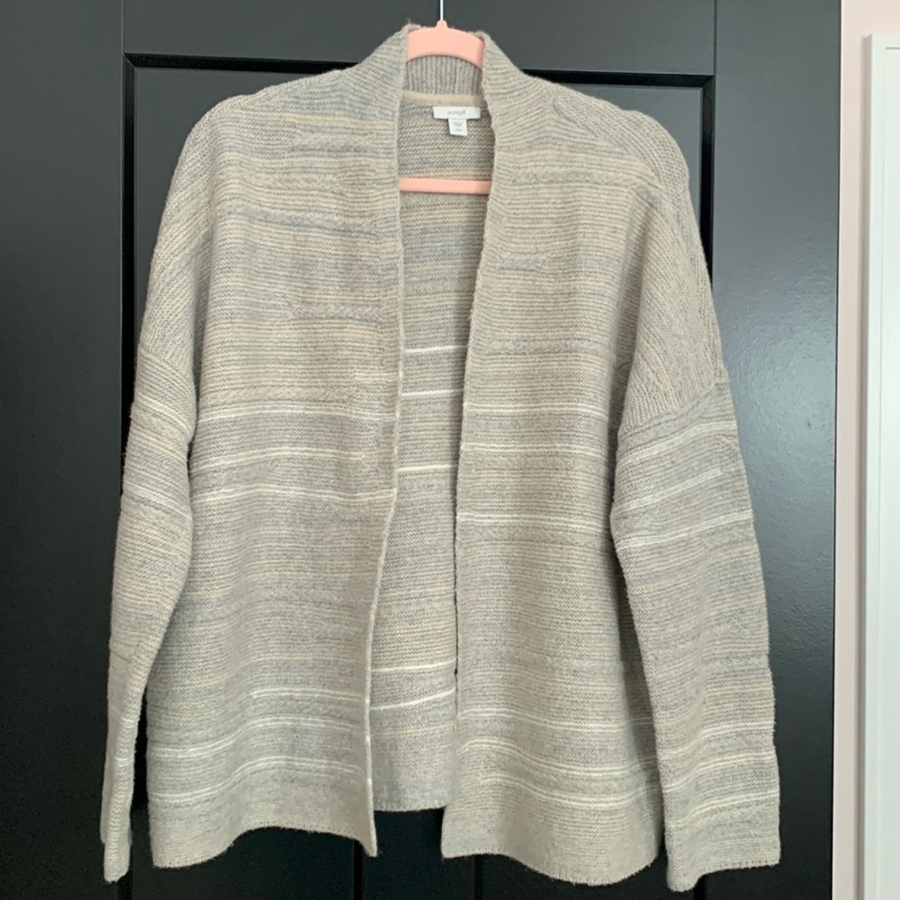 PureJill Open Front/Non-Closure Cardigan. Stripes in Gray/White. Size L Petite